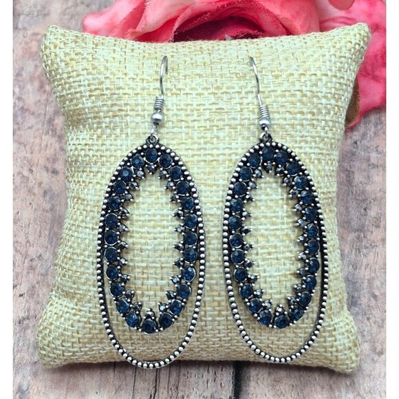 Silver Tone & Blue Crystal Large Dangle Double Hoop Earrings Pierced 2.5" - Picture 2 of 5